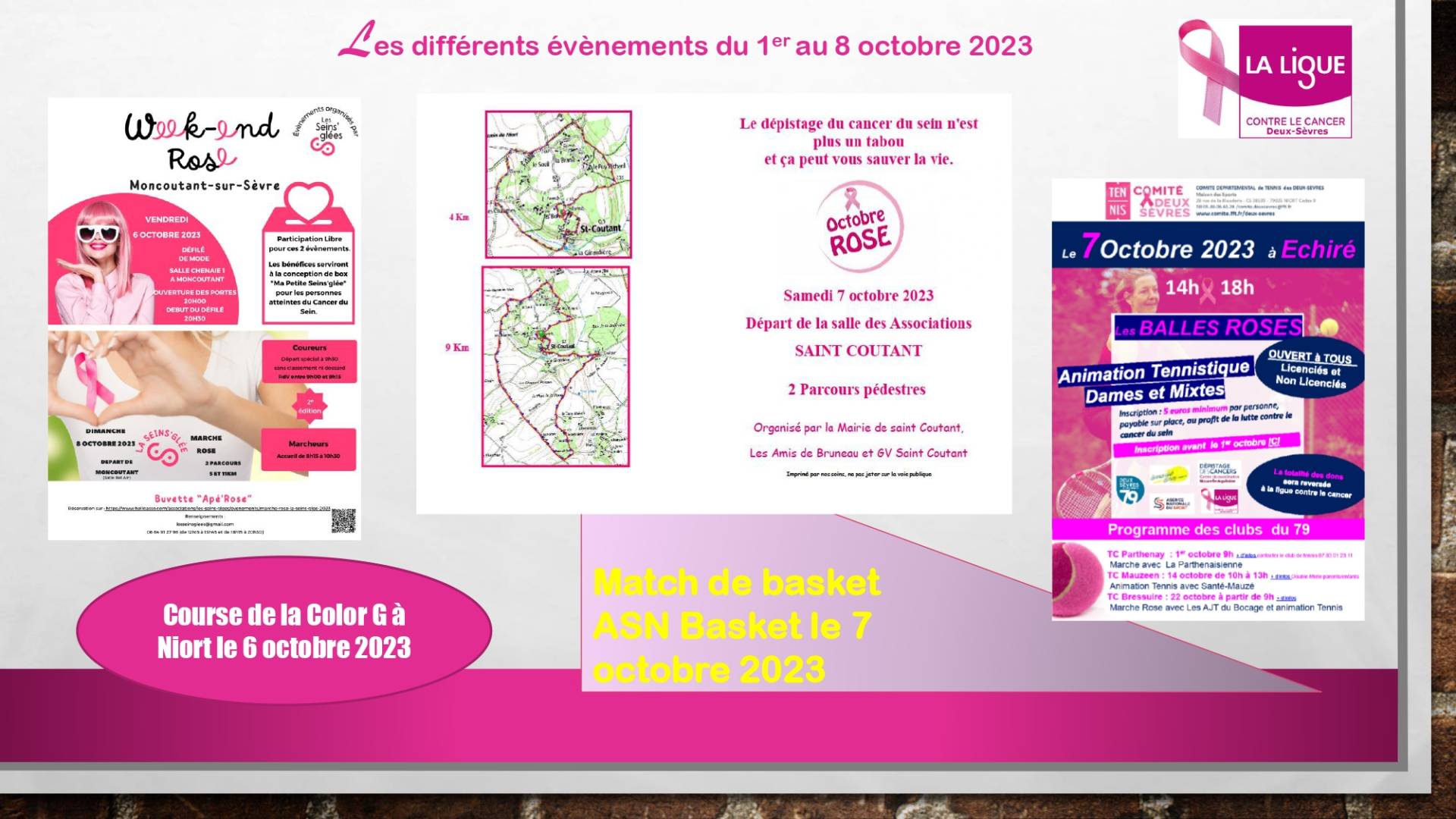 visuels des manifestations organisées dans les Deux-Sèvres, dans le cadre d'Octobre rose 2023, du 1er au 8