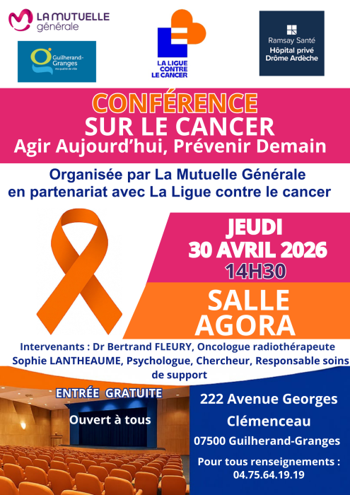 Cette conférence vise à informer le public sur le cancer, ses traitements, et surtout les moyens de prévention, en mettant l’accent sur l’action dès aujourd’hui pour mieux protéger demain.  L’entrée est gratuite et ouverte à tous, afin de permettre au plus grand nombre de s’informer et d’échanger sur ce sujet majeur de santé publique.